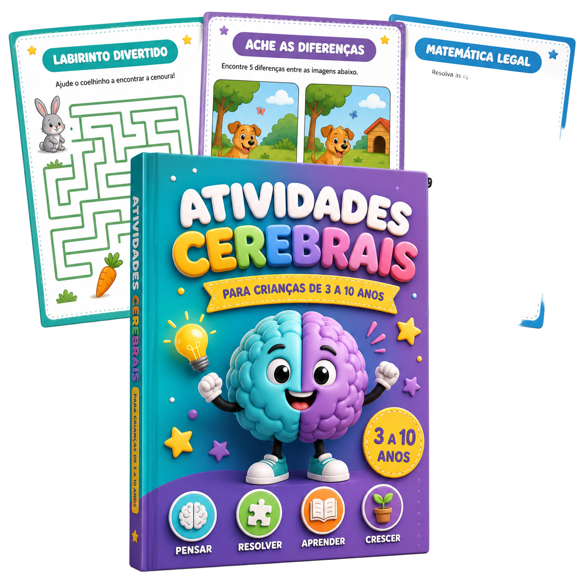 Mockup 3D do ebook Atividades Cerebrais para Crianças com páginas internas